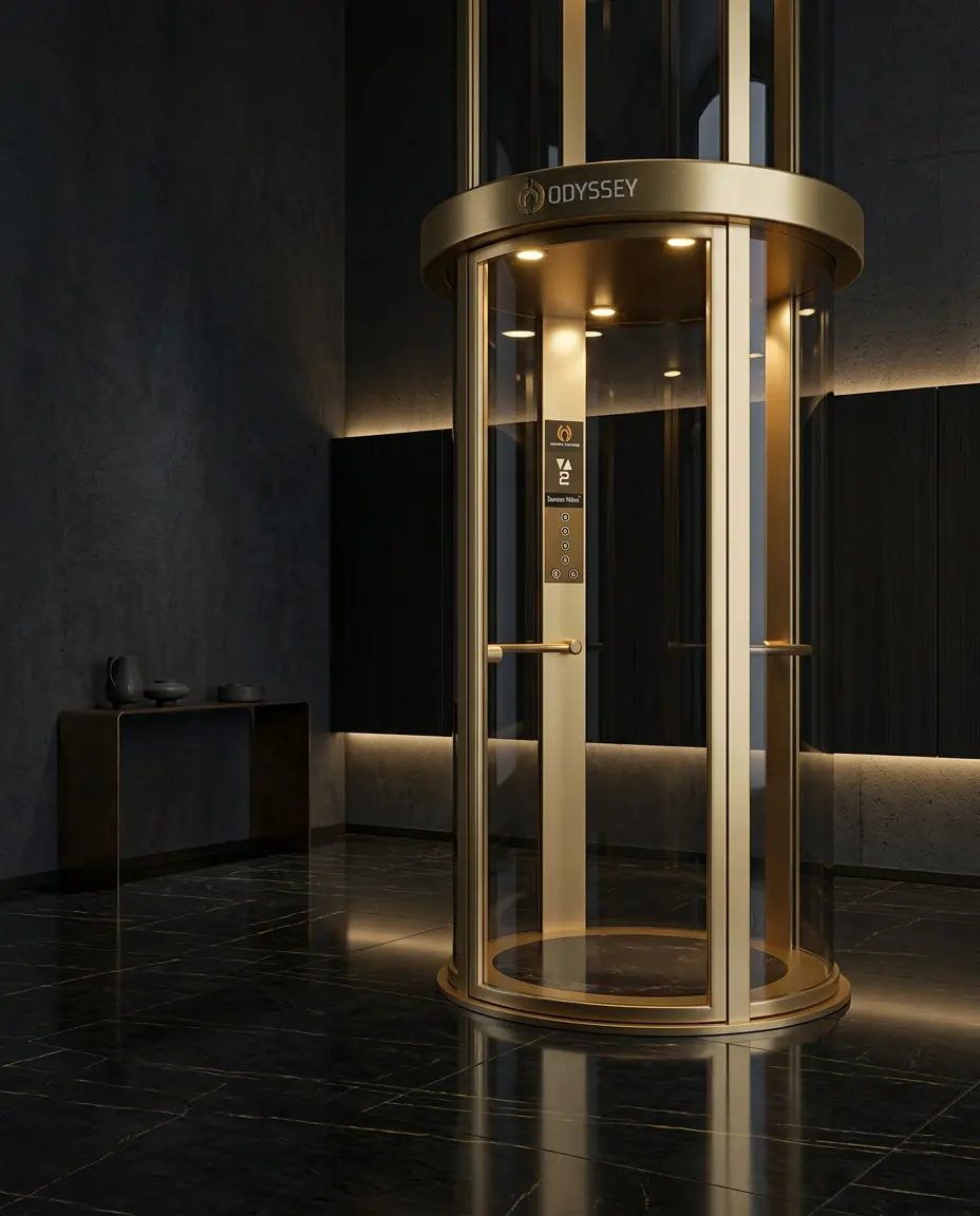 Odyssey luxury circular panoramic residential elevator in modern architectural residence